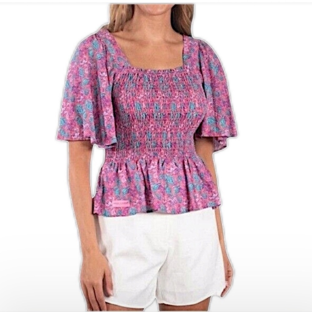 Simply Southern Pink and Blue Flutter Sleeve Peplum Blouse
